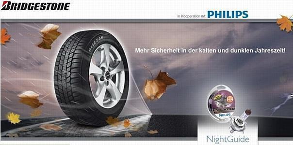 Wechseln Sie jetzt und machen Sie mit bei unserer Aktion Bridgestone Blizzak Winterreifen und Philips NightGuide Leuchten für Ihre Sicherheit:.